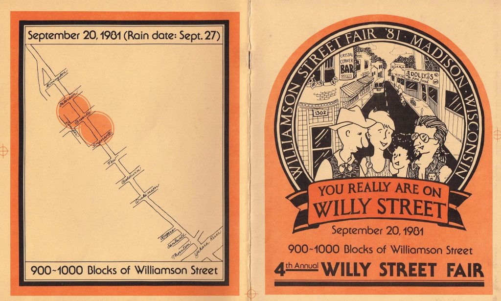 The Cover of the 1981 Willy Street Fair booklet. It's orange with a blank and white ink illustration of four people standing in front of a street with "Crystal Corner's" and "Dolly's Fine Food" on the other.
